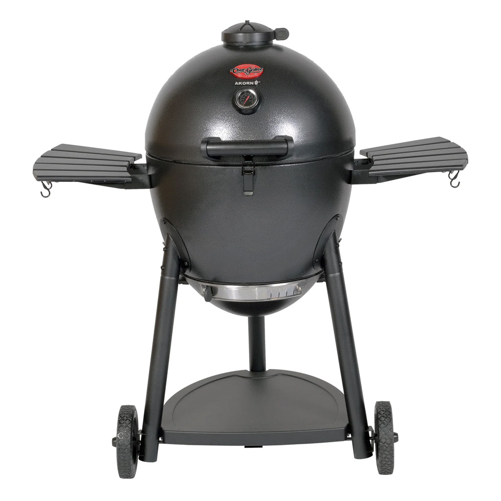 Front View Char-Griller Kamado Style Grill and smoker in a cart with side shelves.
