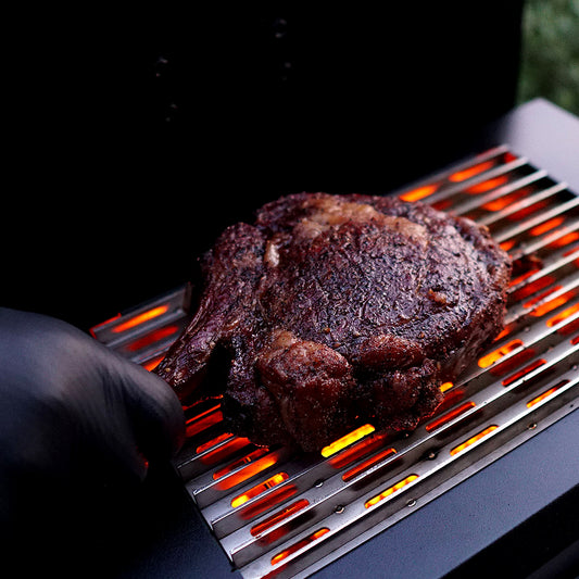 Searing a bone-in ribeye on the Green Mountain Grills SideBurn sear station.