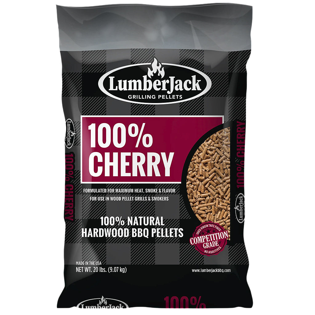 20 lb. bag of LumberJack Cherry pellets. LumberJack Cherry is 100% cherry. Stocking item at Texas BBQ Grills, Denton TX