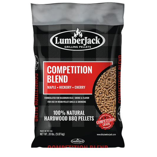 20 lb. bag of LumberJack Competition Blend pellets. LumberJack Competition Blend is equal parts maple, hickory, cherry. Stocking item at Texas BBQ Grills, Denton TX