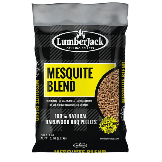 20 lb. bag of LumberJack Mesquite Blend pellets. LumberJack Mesquite Blend is 60% red oak & 40% mesquite. Stocking item at Texas BBQ Grills, Denton TX