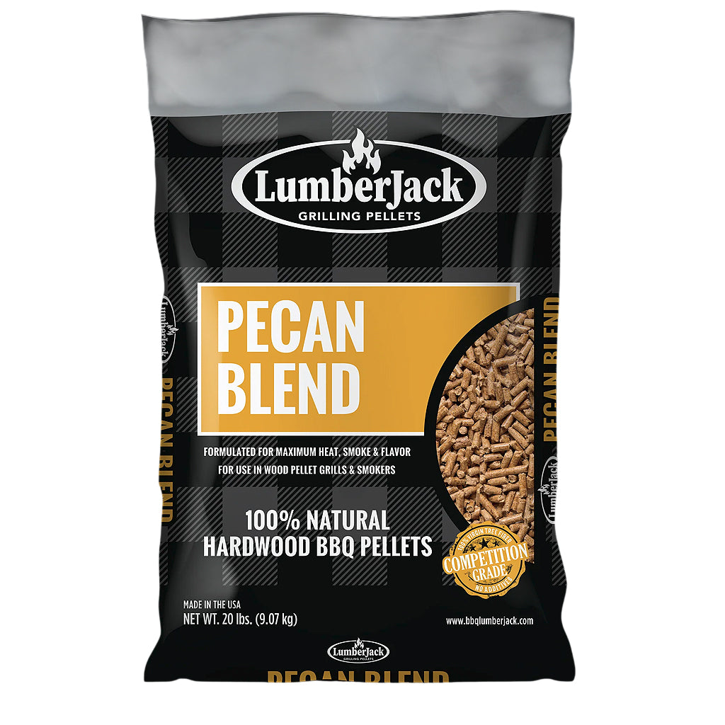 20 lb. bag of LumberJack Pecan Blend pellets. LumberJack Pecan Blend is 60% red oak & 40% pecan. Stocking item at Texas BBQ Grills, Denton TX