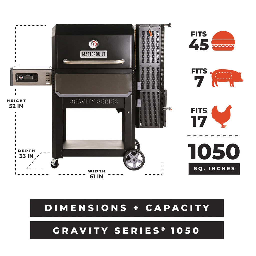 Masterbuilt Gravity Series 1050 chart showing dimensions and cooking capacity.