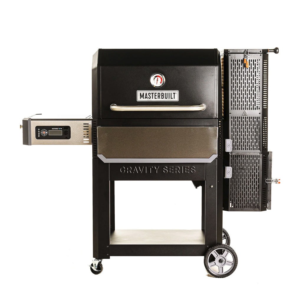 Front view, Masterbuilt Gravity Series 1050 Charcoal Grill and smoker with folding front shelf and digital controls.