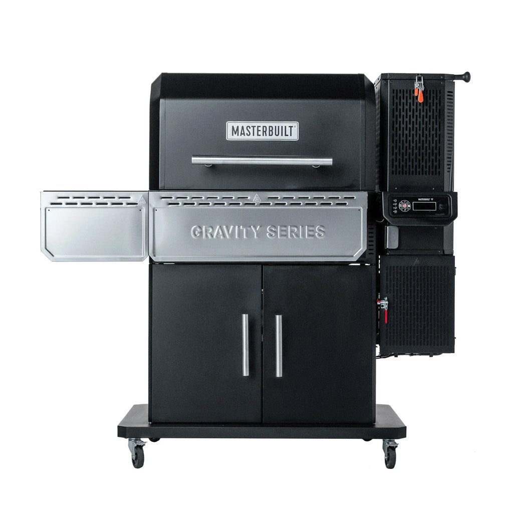 Front view, Masterbuilt Gravity Series 1150 Charcoal Grill and Smoker with enclosed cabinet and right side digital controls.
