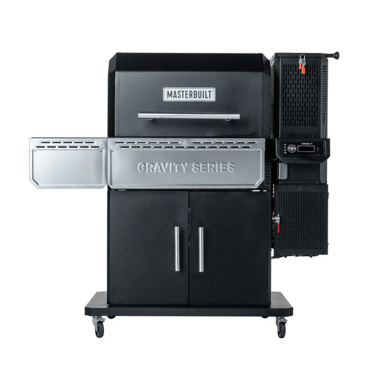 Front view, Masterbuilt Gravity Series 1150 Charcoal Grill and Smoker with enclosed cabinet and right side digital controls.