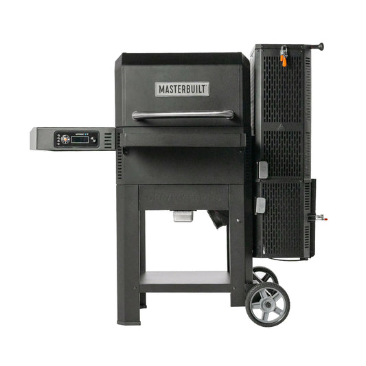 Masterbuilt Gravity Series 600 Digital Charcoal Grill and Smoker front view with digital controls, side shelf, and folding front shelf.