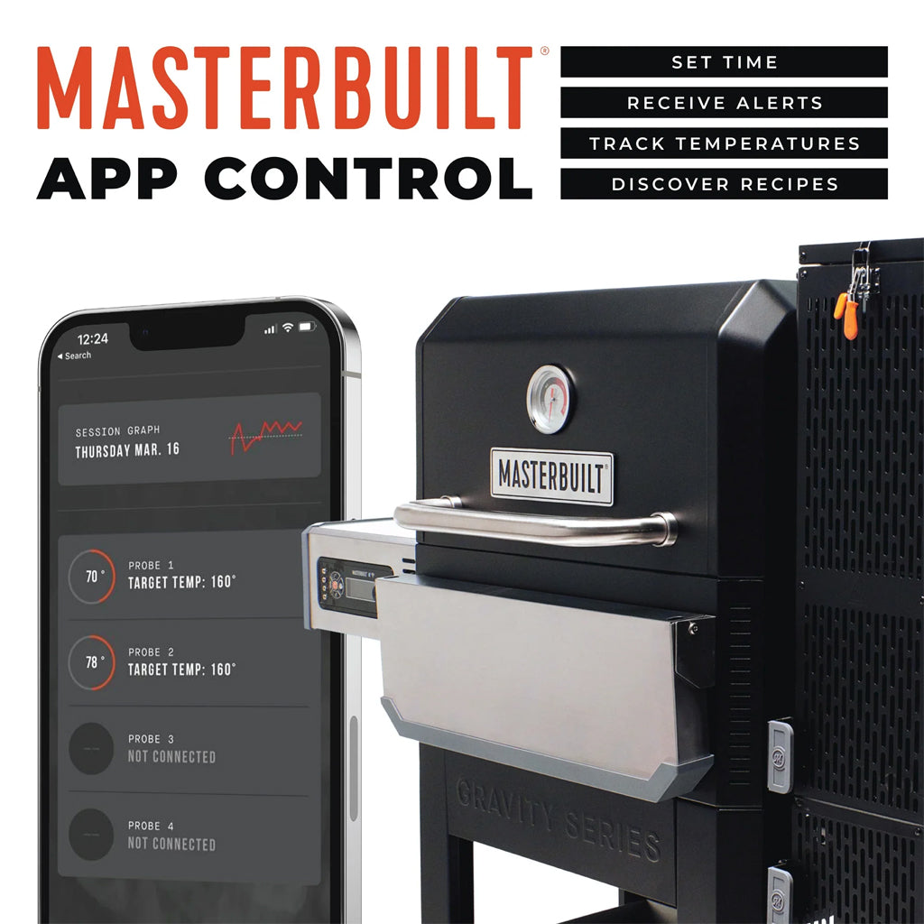 Masterbuilt Gravity Series 800 Digital app control. Set time, receive alerts and track temperatures.