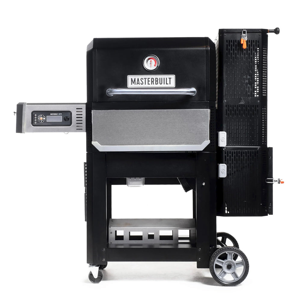 Masterbuilt Gravity Series 800 Digital Charcoal Grill, Griddle and Smoker front view with digital controls, side shelf, and folding front shelf.