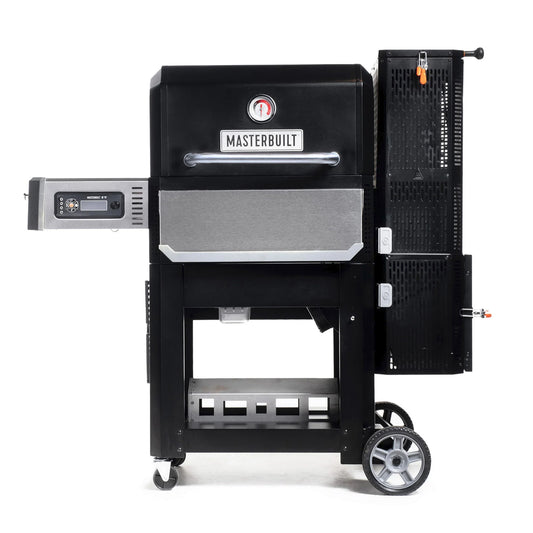 Masterbuilt Gravity Series 800 Digital Charcoal Grill, Griddle and Smoker front view with digital controls, side shelf, and folding front shelf.
