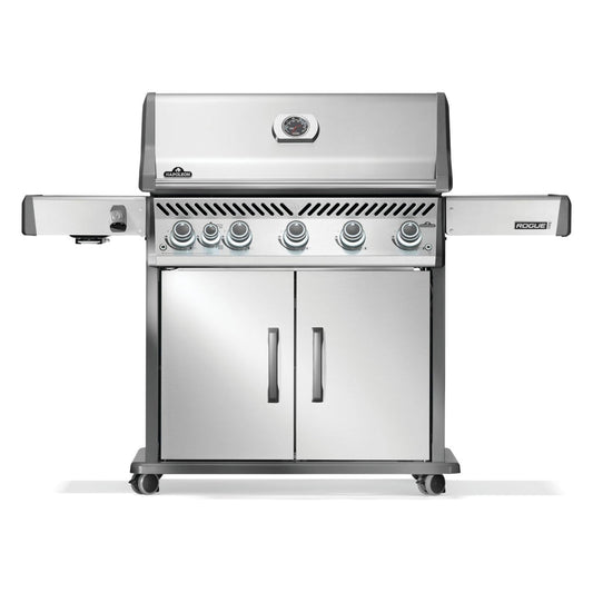 Front view, Napoleon Rogue Pro 625 gas grill with stainless steel exterior finish, 5 main burners, side infrared burner and backlit knobs.