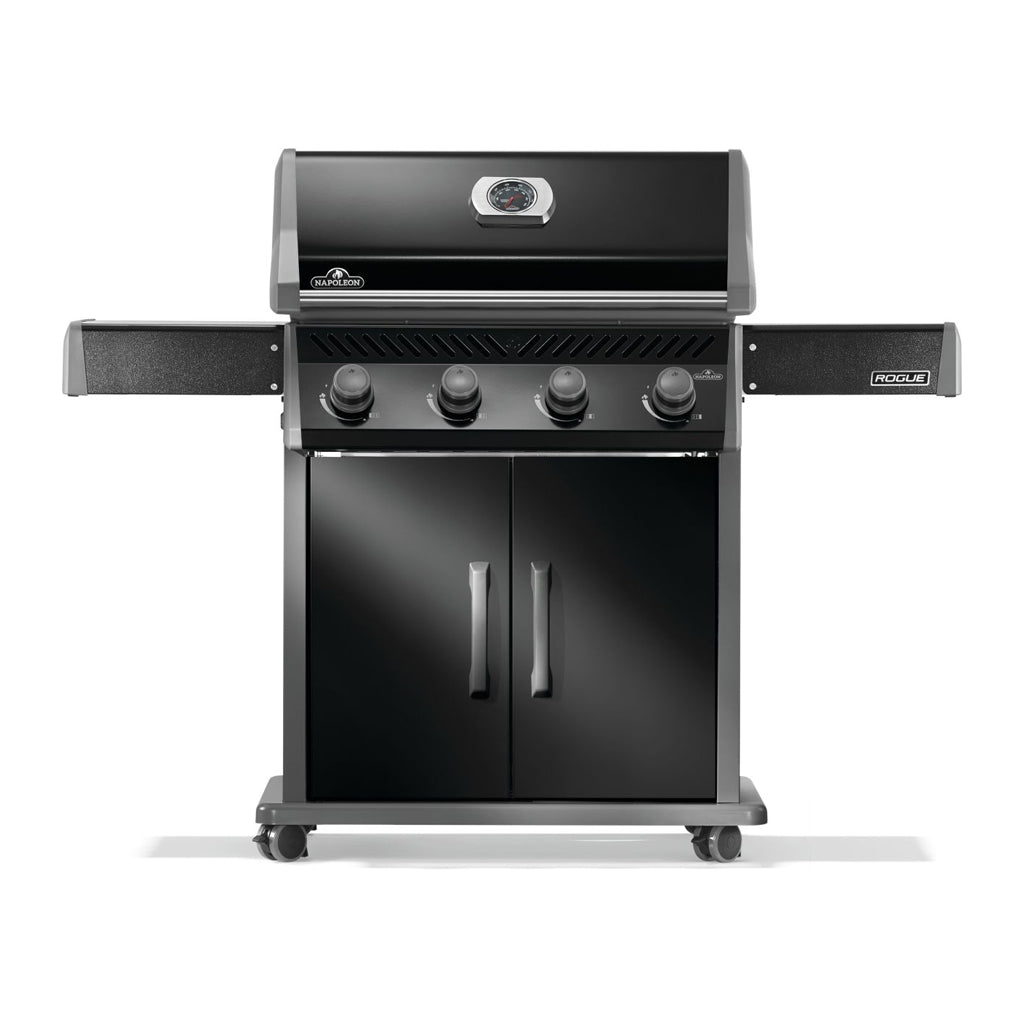 Front view Napoleon Rogue Series 525 gas grill with black exterior finish, 4 burners, folding side shelves, locking wheels and lower 2 door cabinet.