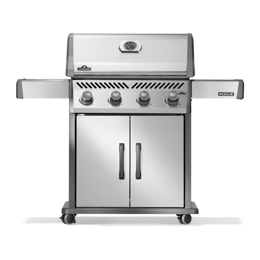 Front view Napoleon Rogue Series 525 gas grill with stainless steel front, 4 burners, folding side shelves, locking wheels and lower 2 door cabinet.